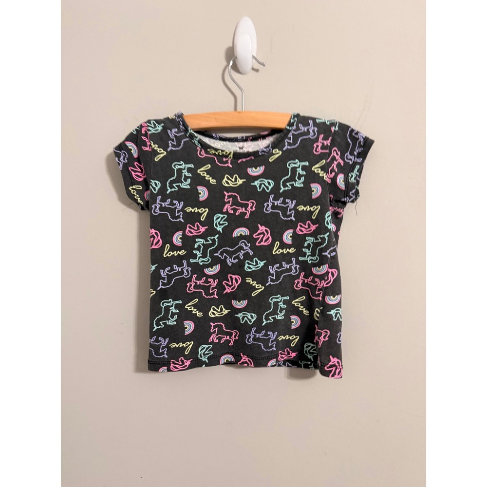 One Step Up T-Shirt Girls M 5/6 Black Neon Unicorn Rainbow Love Print Tee